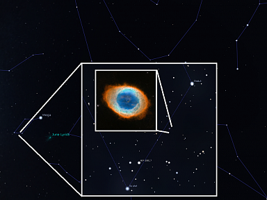 Na zdjęciu fragment mapki z naniesionym powiększeniem i zdjęciem mgławicy pierścieniowej wykonanym przez teleskop Hubble'a